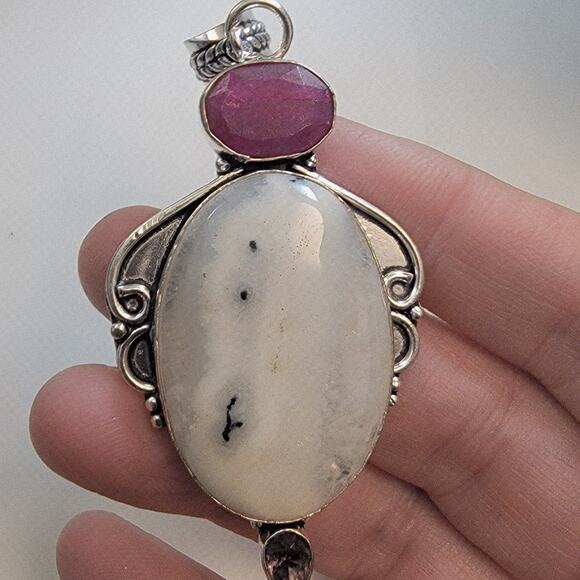Necklace Pendants Dendritic Opal Ruby Amethyst Handmade Jewelry Sterling Silver - Picture 6 of 10